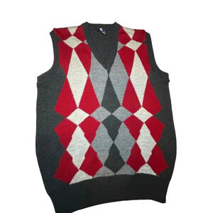 Men's Argyle Sweater Vest 38/M Lambswool Gray Burgundy Grandpa Core VNeck Vtg